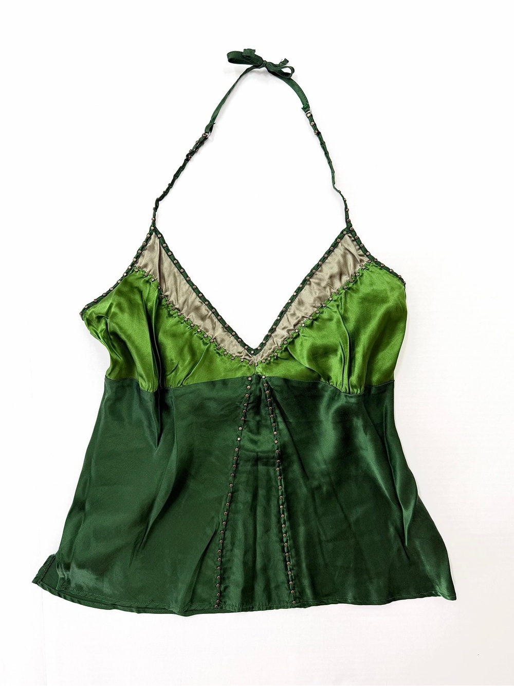 Gold Hawk 100% Silk Green Beaded Halter Top — Vintage Open Back Forest Fairy O/S